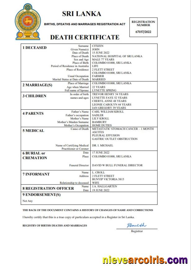 Sri Lanka vital record death certificate